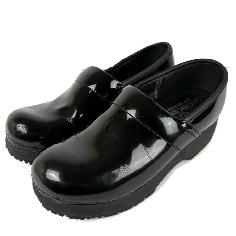 Skechers Work Slip Resistant Patent Leather Slip On Clog Mules in Black